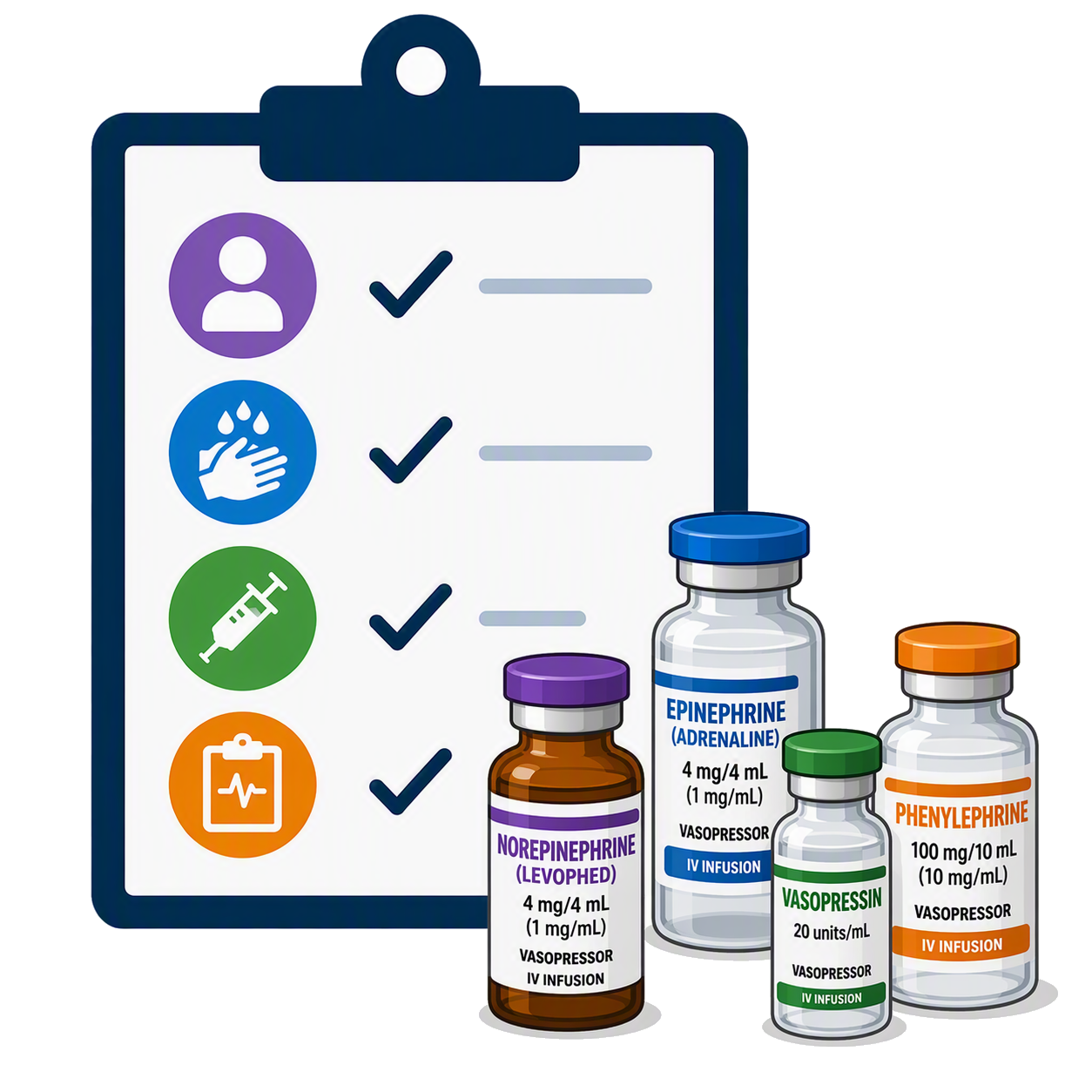 Checklist with vasopressor drug bottles clipart