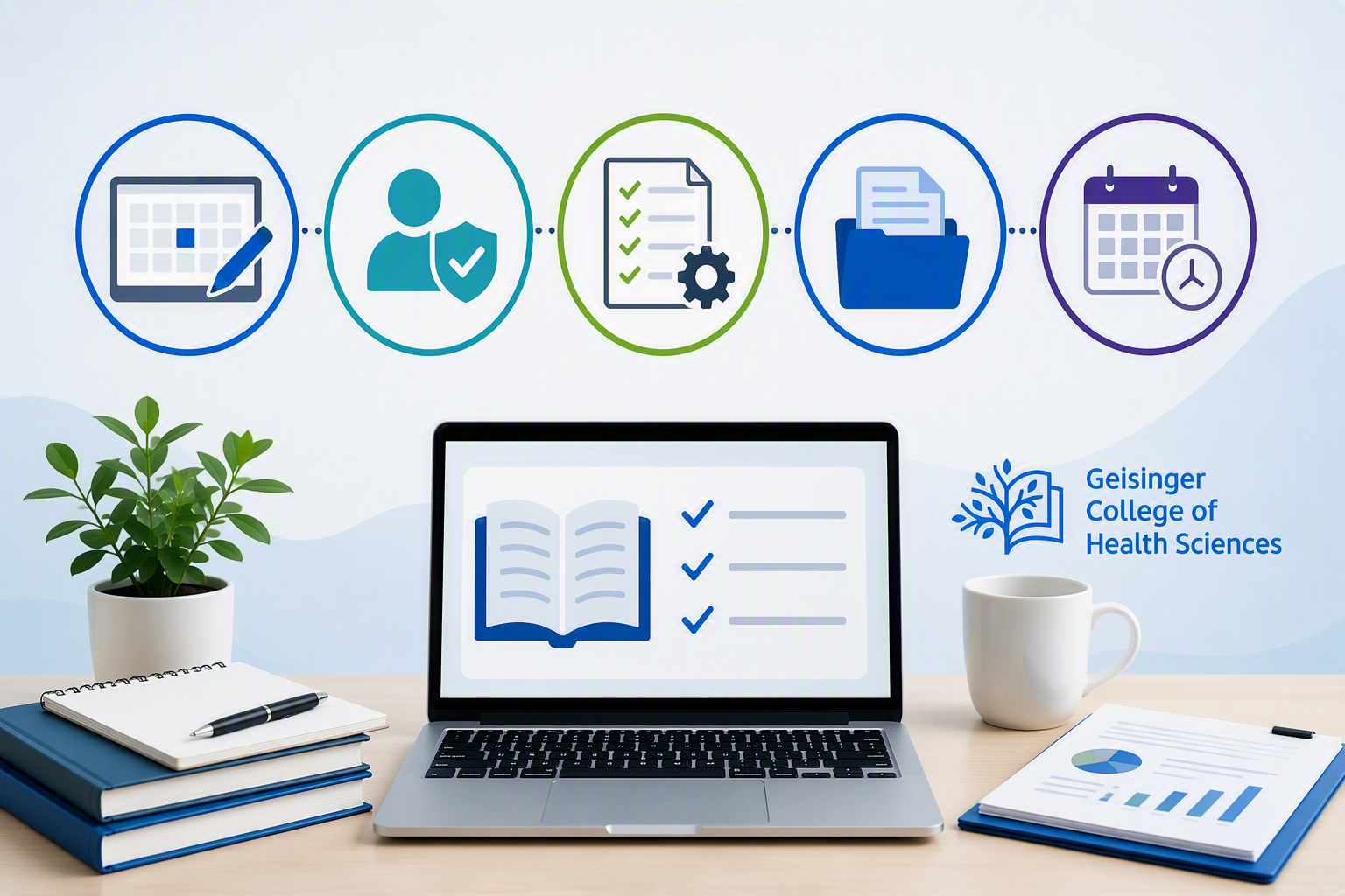 Generic timeline and technology navigation icons surrounding a laptop on a desk