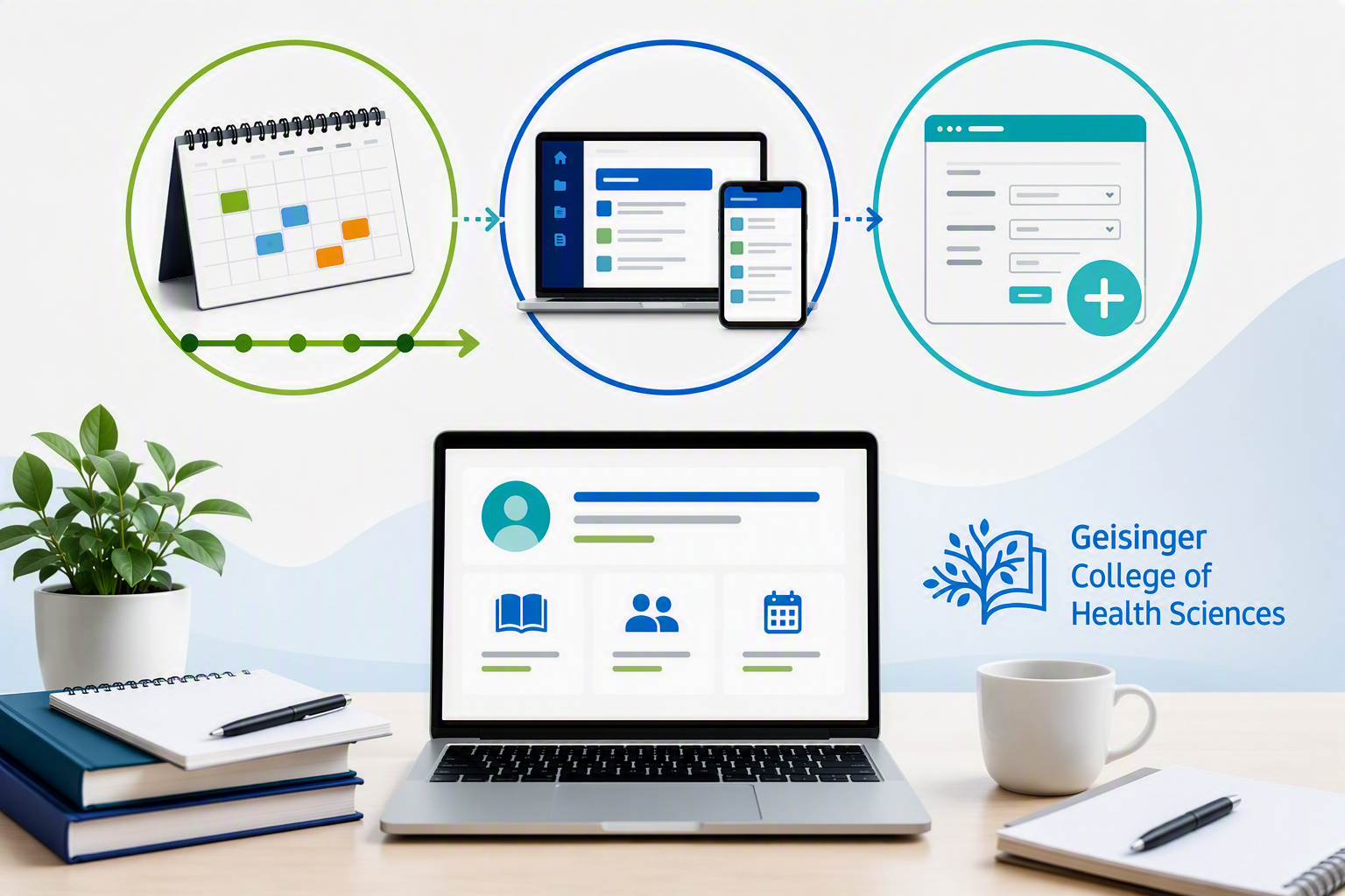 Generic timeline and technology navigation icons surrounding a laptop on a desk